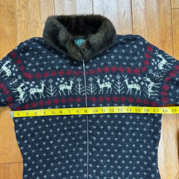 VTG Lauren Ralph Lauren Women Wool Faux Fur Sweater Jacket Size P Old Money Deer - Picture 12 of 12